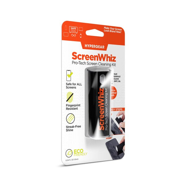 A black ScreenWhiz spray bottle labeled “Pro-Tech Screen Cleaning Kit,” designed for cleaning electronic screens.
