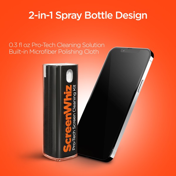A black ScreenWhiz spray bottle labeled “Pro-Tech Screen Cleaning Kit,” designed for cleaning electronic screens.