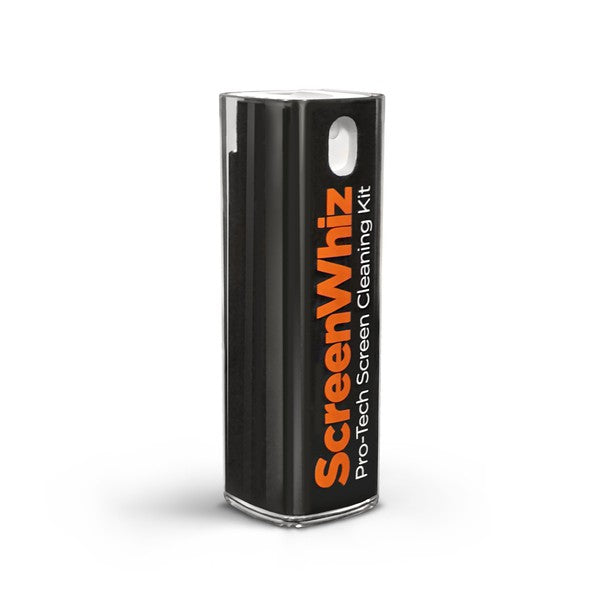 A black ScreenWhiz spray bottle labeled “Pro-Tech Screen Cleaning Kit,” designed for cleaning electronic screens.