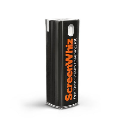A black ScreenWhiz spray bottle labeled “Pro-Tech Screen Cleaning Kit,” designed for cleaning electronic screens.