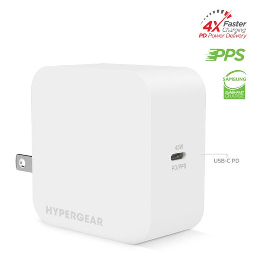 Charge smarter and faster with the HyperGear SpeedBoost 45W USB-C Wall Charger—your compact solution for powering laptops, tablets, and smartphones with blazing efficiency. Whether you're working, traveling, or gaming, this charger delivers reliable performance in a sleek, travel-ready design.