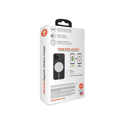 A MagSafe-compatible wireless charging pad with USB-C input, magnetically charging a smartphone with glowing green and blue LED indicators.