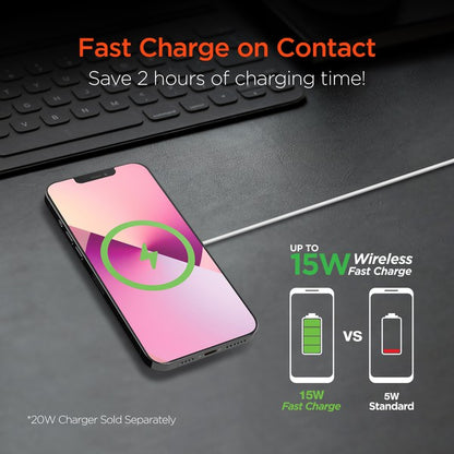A MagSafe-compatible wireless charging pad with USB-C input, magnetically charging a smartphone with glowing green and blue LED indicators.