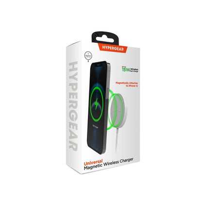 A MagSafe-compatible wireless charging pad with USB-C input, magnetically charging a smartphone with glowing green and blue LED indicators.
