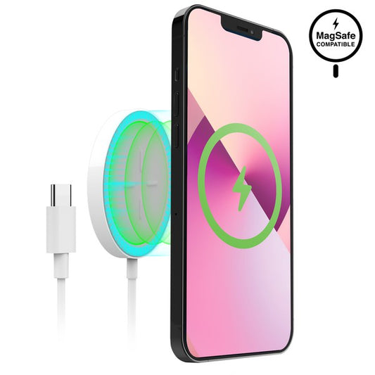 A MagSafe-compatible wireless charging pad with USB-C input, magnetically charging a smartphone with glowing green and blue LED indicators.