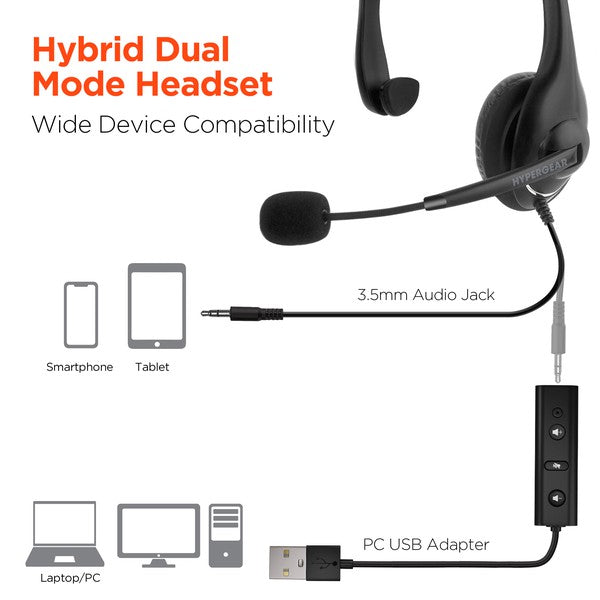 Hybrid Dual Mode Headset with mic—features 3.5mm jack and USB adapter for wide compatibility across smartphones, tablets, laptops, and desktops.
