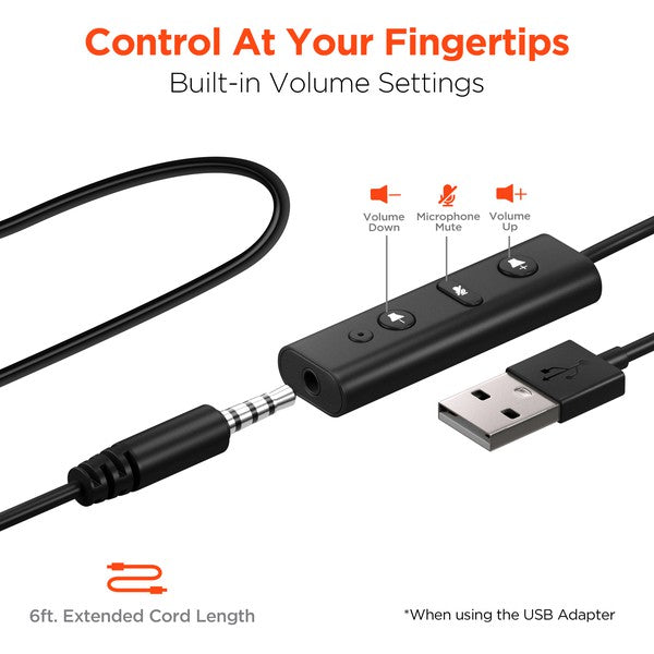 USB audio adapter with built-in volume and mute controls—features 3.5mm jack, USB connector, and 6ft cord for easy fingertip access during calls or media use.