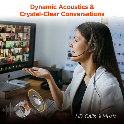 Woman wearing headset during a video call—emphasizes dynamic acoustics and crystal-clear conversations for HD calls and music, ideal for remote work and virtual meetings.