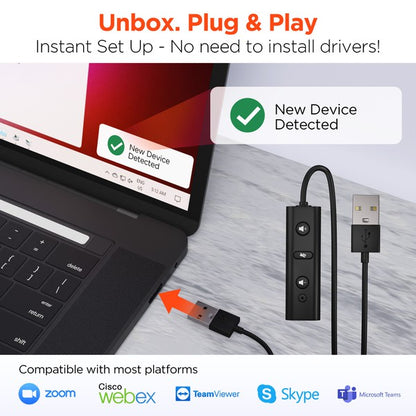 USB audio device being plugged into a laptop—promotes instant plug-and-play setup with no drivers needed, compatible with Zoom, Skype, Teams, and other conferencing platforms.