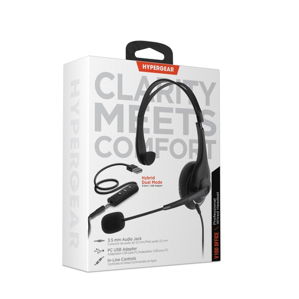 HyperGear wired headset retail box—features hybrid dual mode with 3.5mm jack and USB adapter, in-line controls, and cushioned design for clear, comfortable communication.