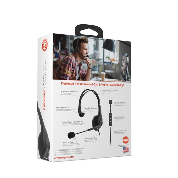 HyperGear headset—lightweight, cushioned, with rotatable mic and dual USB/3.5mm connectivity for professional use.