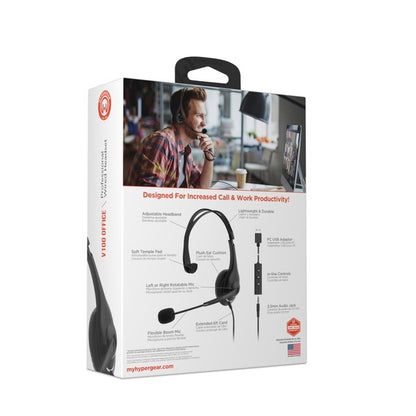 HyperGear headset—lightweight, cushioned, with rotatable mic and dual USB/3.5mm connectivity for professional use.