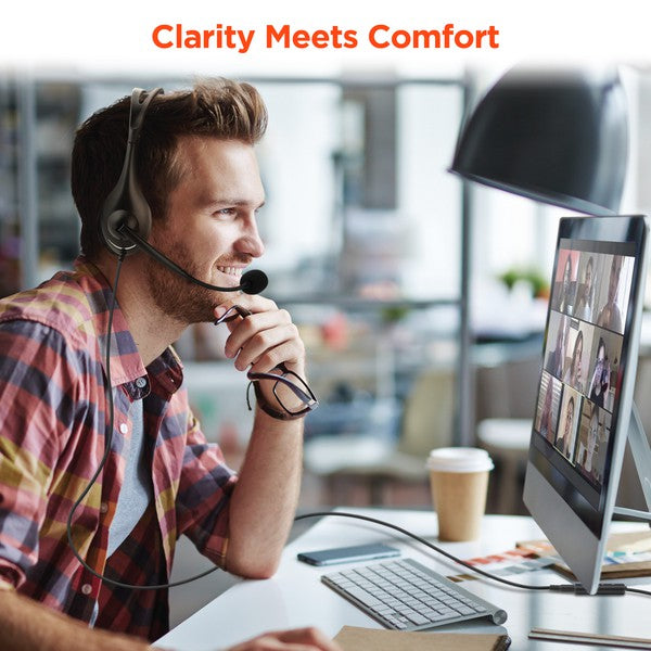 Man in headset on video call—promotes clear audio and comfort for remote meetings.
