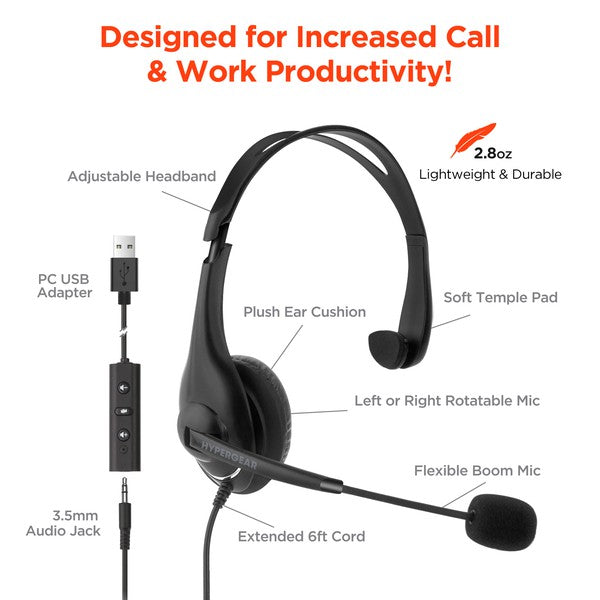 Lightweight HyperGear headset—adjustable, cushioned, with flexible mic and dual connectivity for productive calls and work.