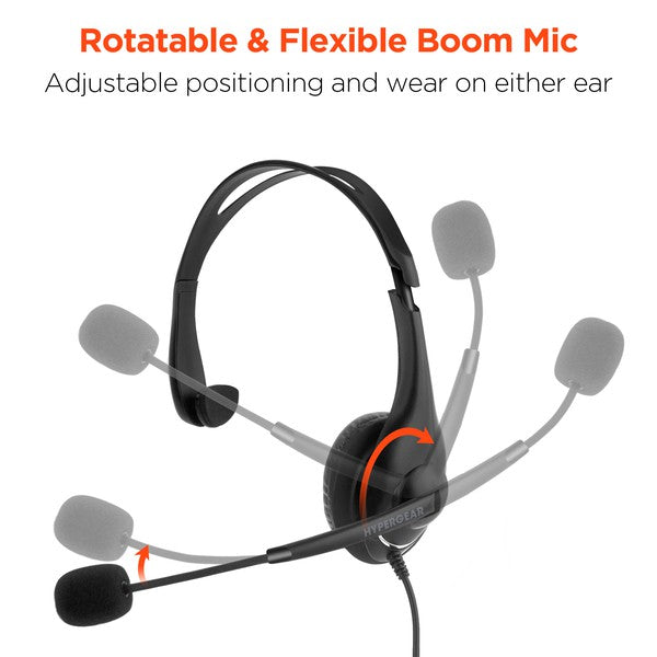HyperGear headset with rotatable, flexible boom mic—designed for adjustable positioning and wear on either ear, offering ergonomic comfort and versatile use.