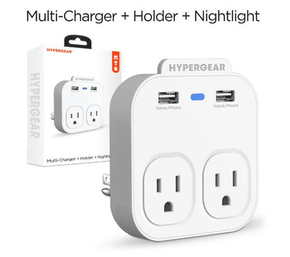 A compact HYPERGEAR outlet adapter with two AC sockets, two USB ports, and a blue indicator light—ideal for charging multiple devices.