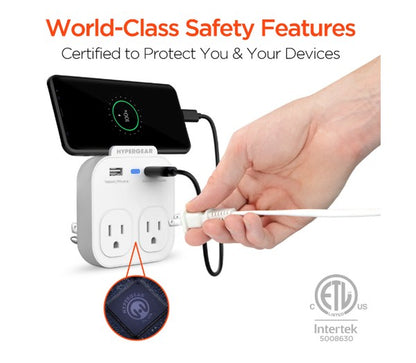 A compact HYPERGEAR outlet adapter with two AC sockets, two USB ports, and a blue indicator light—ideal for charging multiple devices.