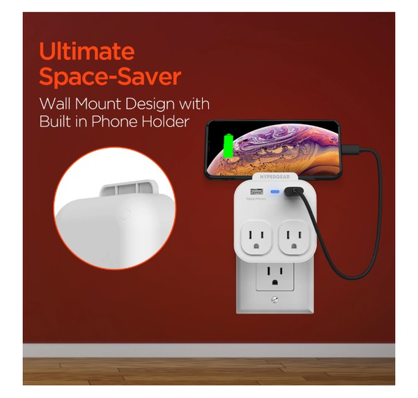 A compact HYPERGEAR outlet adapter with two AC sockets, two USB ports, and a blue indicator light—ideal for charging multiple devices.