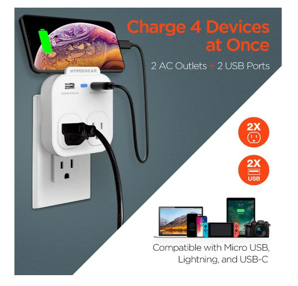 A compact HYPERGEAR outlet adapter with two AC sockets, two USB ports, and a blue indicator light—ideal for charging multiple devices.