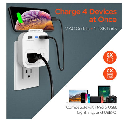 A compact HYPERGEAR outlet adapter with two AC sockets, two USB ports, and a blue indicator light—ideal for charging multiple devices.