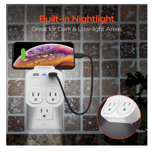 A compact HYPERGEAR outlet adapter with two AC sockets, two USB ports, and a blue indicator light—ideal for charging multiple devices.