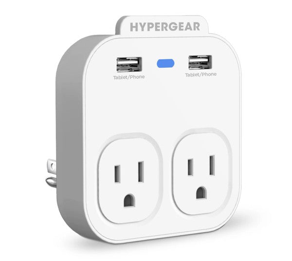 A compact HYPERGEAR outlet adapter with two AC sockets, two USB ports, and a blue indicator light—ideal for charging multiple devices.