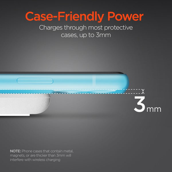 A HYPERGEAR Qi wireless charging pad powering a smartphone to 100%, with a connected cable and glowing charge indicator.