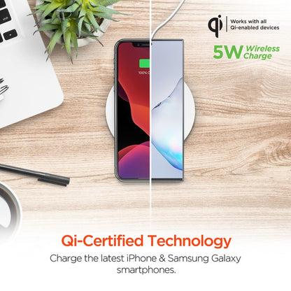 A HYPERGEAR Qi wireless charging pad powering a smartphone to 100%, with a connected cable and glowing charge indicator.