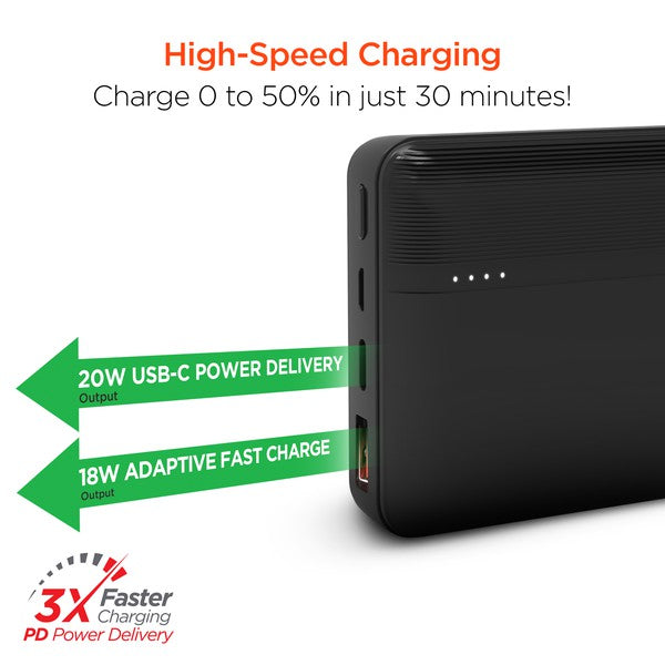 Stay charged wherever life takes you with the HyperGear 20000mAh Power Bank. Featuring a massive battery capacity and dual fast-charging outputs—including 20W USB-C Power Delivery and 18W Adaptive Fast Charge USB-A—this slim powerhouse is built for multitaskers, travelers, and tech lovers who need reliable juice on the go.