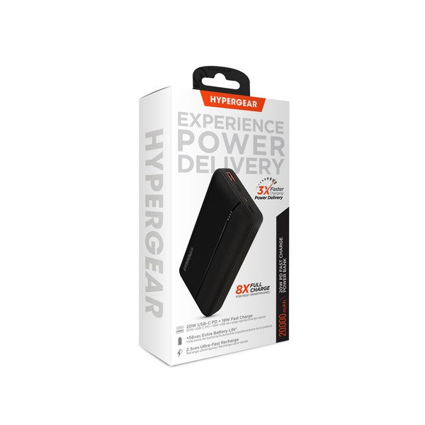 Stay charged wherever life takes you with the HyperGear 20000mAh Power Bank. Featuring a massive battery capacity and dual fast-charging outputs—including 20W USB-C Power Delivery and 18W Adaptive Fast Charge USB-A—this slim powerhouse is built for multitaskers, travelers, and tech lovers who need reliable juice on the go.