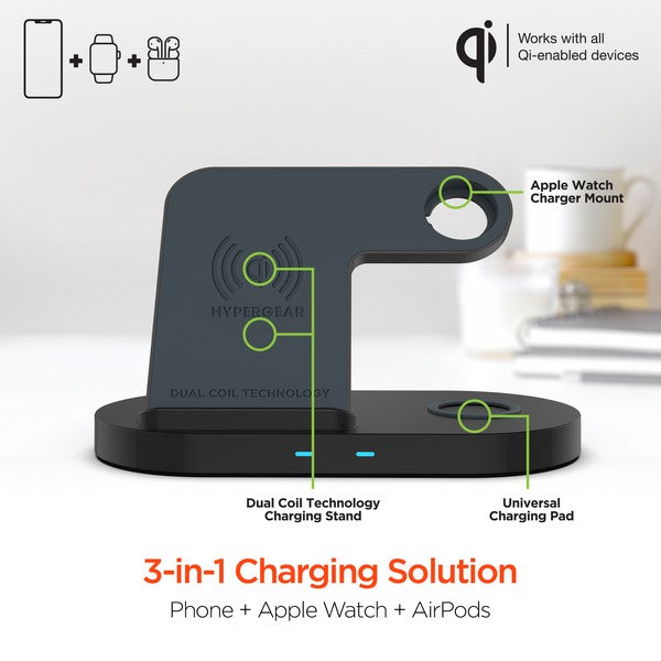 Streamline your charging setup with the HyperGear 3-in-1 Wireless Charging Dock—your all-in-one solution for powering up your smartphone, smartwatch, and earbuds simultaneously. With fast wireless charging, dual coil technology, and a sleek upright design, this dock keeps your essentials charged and your space clean.