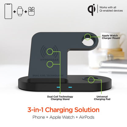 Streamline your charging setup with the HyperGear 3-in-1 Wireless Charging Dock—your all-in-one solution for powering up your smartphone, smartwatch, and earbuds simultaneously. With fast wireless charging, dual coil technology, and a sleek upright design, this dock keeps your essentials charged and your space clean.