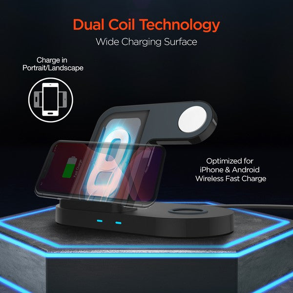 Streamline your charging setup with the HyperGear 3-in-1 Wireless Charging Dock—your all-in-one solution for powering up your smartphone, smartwatch, and earbuds simultaneously. With fast wireless charging, dual coil technology, and a sleek upright design, this dock keeps your essentials charged and your space clean.