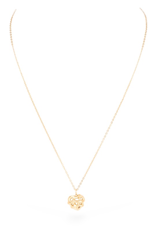A gold necklace with a pendant in the shape of a heart, featuring an abstract design with cutouts.
