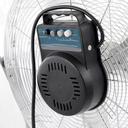 Metallic Impress floor fan with five blades and circular grille—mounted on a sturdy angled stand with rubber feet, designed for high-velocity cooling.