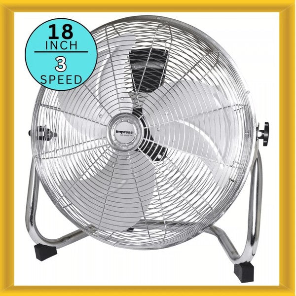 Metallic Impress floor fan with five blades and circular grille—mounted on a sturdy angled stand with rubber feet, designed for high-velocity cooling.