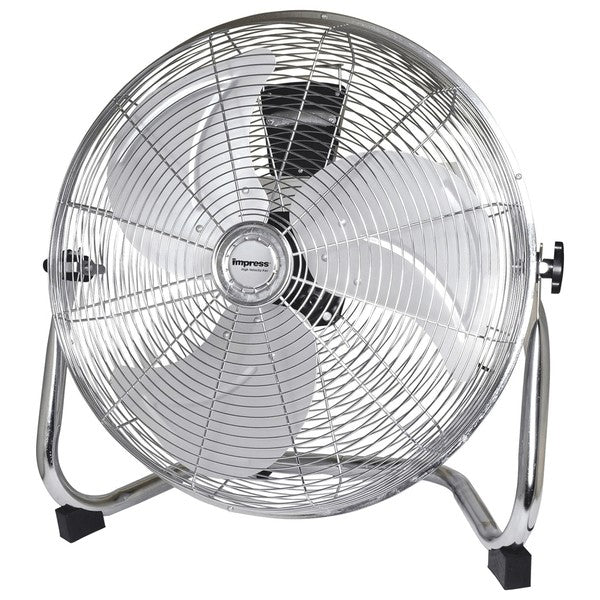 Metallic Impress floor fan with five blades and circular grille—mounted on a sturdy angled stand with rubber feet, designed for high-velocity cooling.
