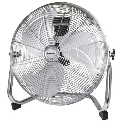 Metallic Impress floor fan with five blades and circular grille—mounted on a sturdy angled stand with rubber feet, designed for high-velocity cooling.