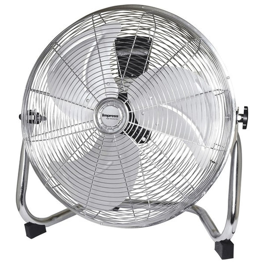 Metallic Impress floor fan with five blades and circular grille—mounted on a sturdy angled stand with rubber feet, designed for high-velocity cooling.