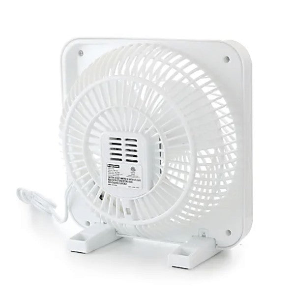 White square Impress electric fan with circular grille and control dial—designed for tabletop use and personal cooling.