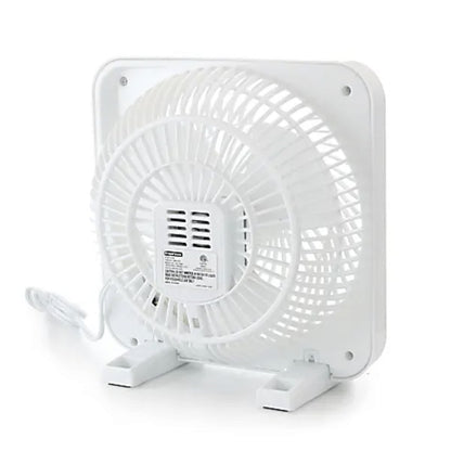 White square Impress electric fan with circular grille and control dial—designed for tabletop use and personal cooling.