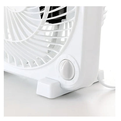 White square Impress electric fan with circular grille and control dial—designed for tabletop use and personal cooling.