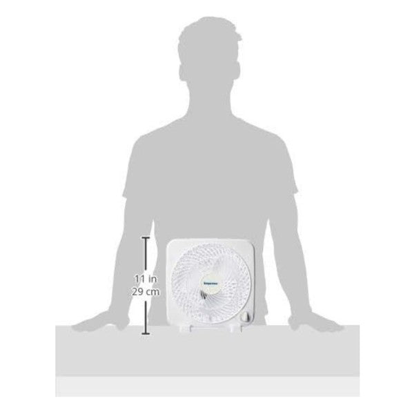 White square Impress electric fan with circular grille and control dial—designed for tabletop use and personal cooling.