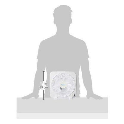 White square Impress electric fan with circular grille and control dial—designed for tabletop use and personal cooling.