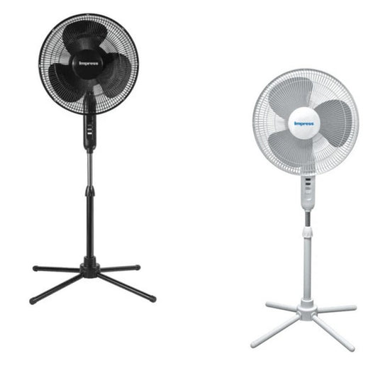The Impress Easy-Assemble Stand Pedestal Floor Fan is a versatile, energy-efficient pedestal fan designed for quick setup, adjustable height, and smooth, wide airflow to cool any space.