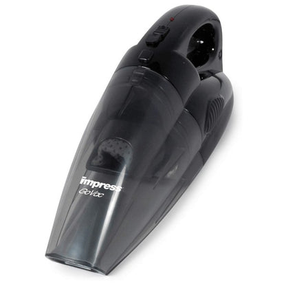 Black handheld vacuum cleaner with transparent dust container, shown with brush and flat nozzles plus a charging base—compact and designed for small cleaning tasks.
