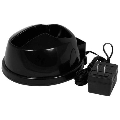 Black handheld vacuum cleaner with transparent dust container, shown with brush and flat nozzles plus a charging base—compact and designed for small cleaning tasks.