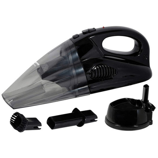 Black handheld vacuum cleaner with transparent dust container, shown with brush and flat nozzles plus a charging base—compact and designed for small cleaning tasks.
