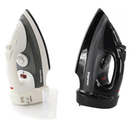Two Impress steam irons—one white and gray, the other black and gray—shown side by side with temperature dials and red indicator lights, plus a small measuring cup beside the white model.