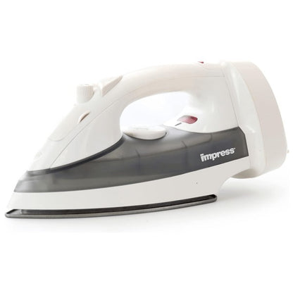 White and black Impress steam iron standing upright with a temperature dial, steam control knob, and red indicator light.